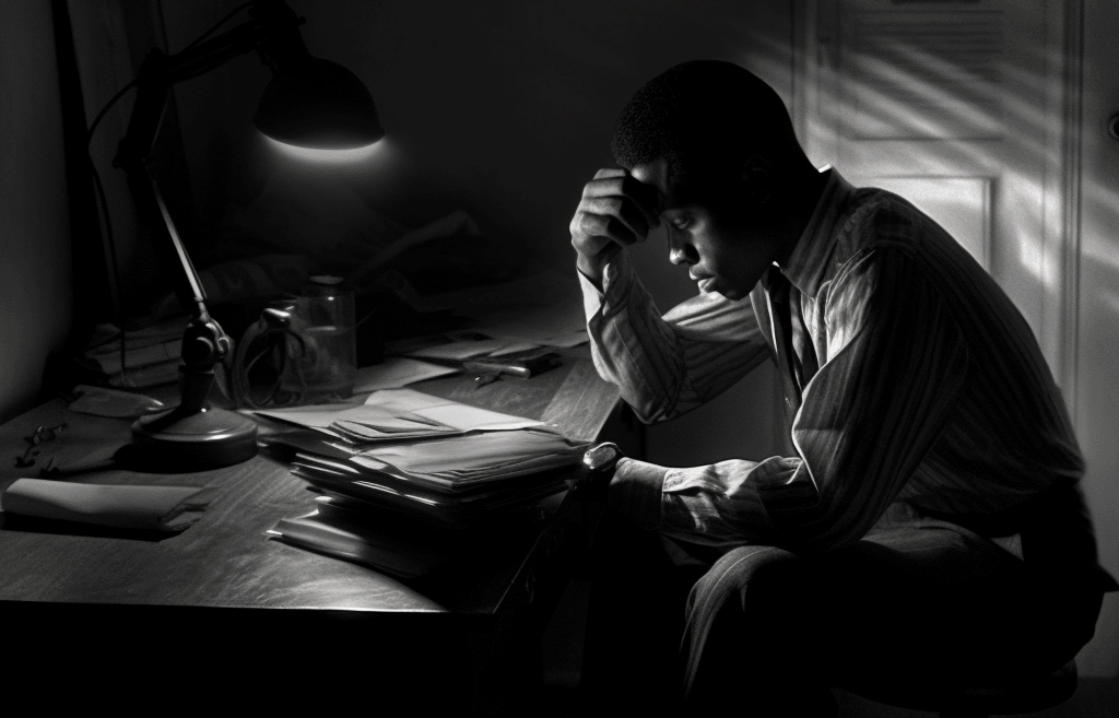 The perils of working from home Man, weighed down by stress, his hand gripping his head, seated in a home office setting
